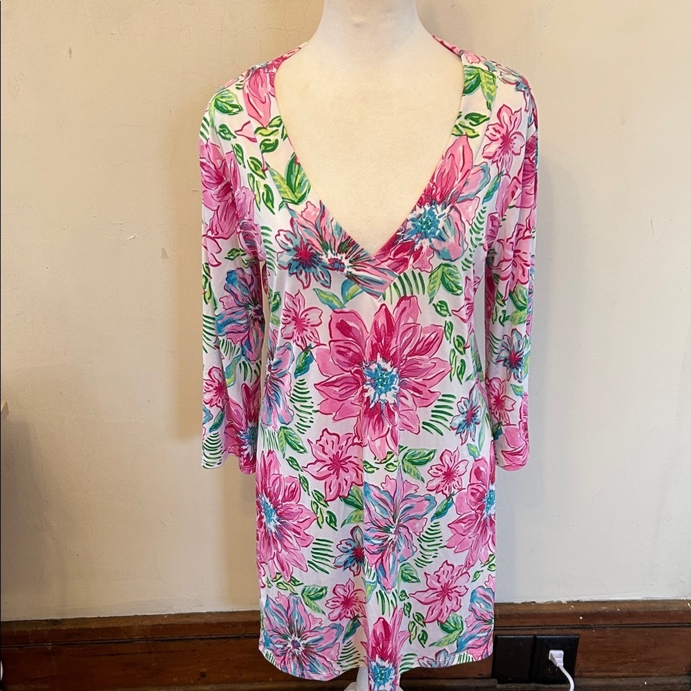Stella Parker Collection Floral V-Neck Tunic Dress in Pink & Green Size S EUC